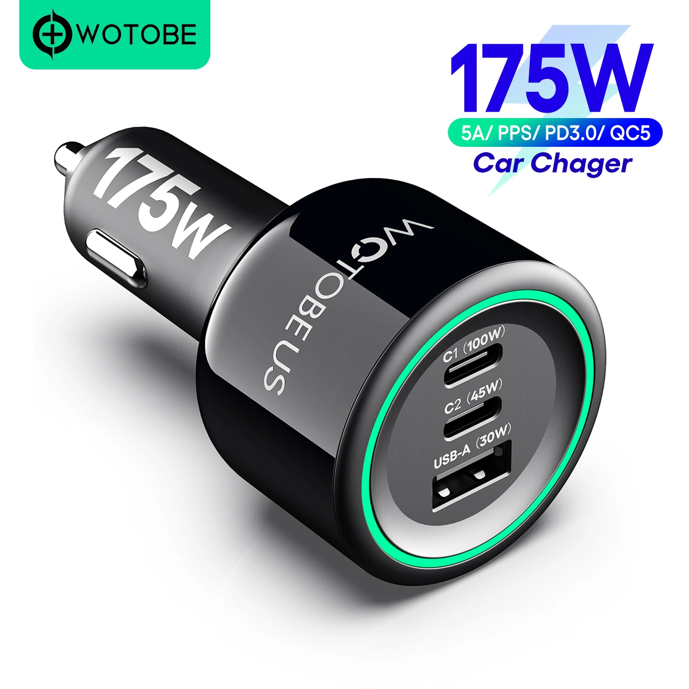 3-портовое автомобильное зарядное устройство USB C 175 Вт PD100W QC 5.0 Быстрая быстрая зарядка PPS PD3.0 USB Type C Автомобильное зарядное устройство для iPhone 13 14 15 Pro Ноутбуки Планшеты