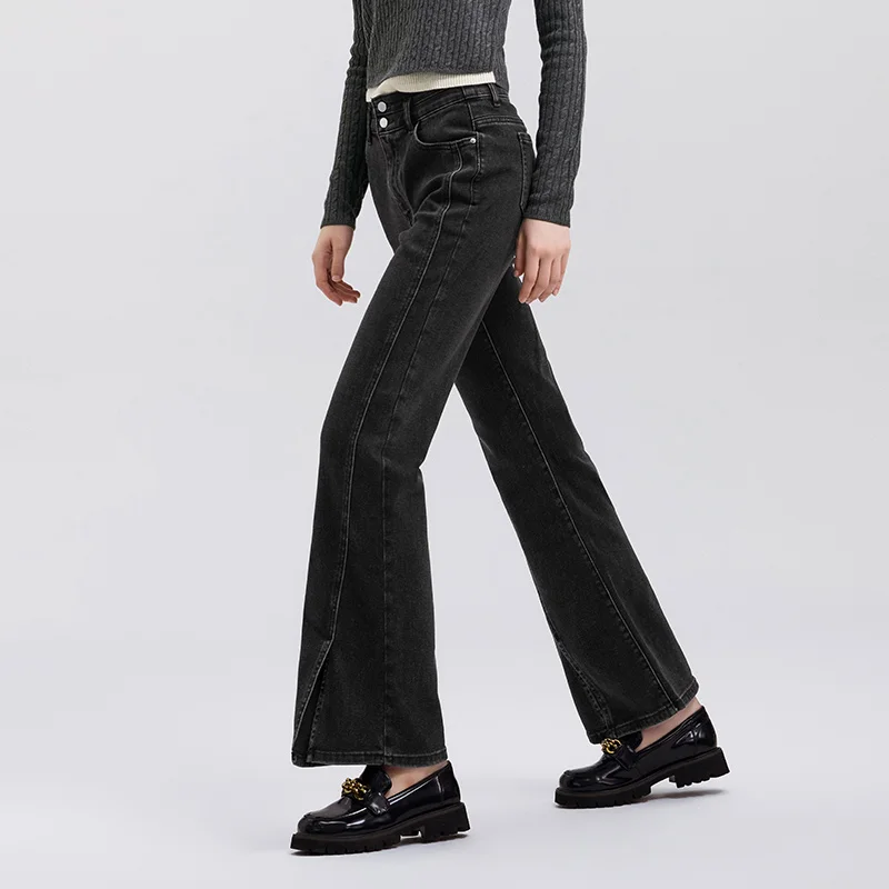 Semir Jeans Dames Lange broek met hoge taille en split Lente Patchwork Flare-broek Beenverlenging