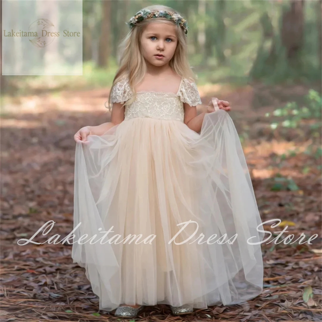 Flower Girl Dresses Tulle White Lace Appliques Short Sleeve For Wedding Birthday Party Holy Communion Gowns