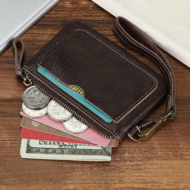 Vintage Mini Head Layer Leather Driver's License Key Bag Classic Coffee Small Wallet for Men and Women with Portable Hand Strap