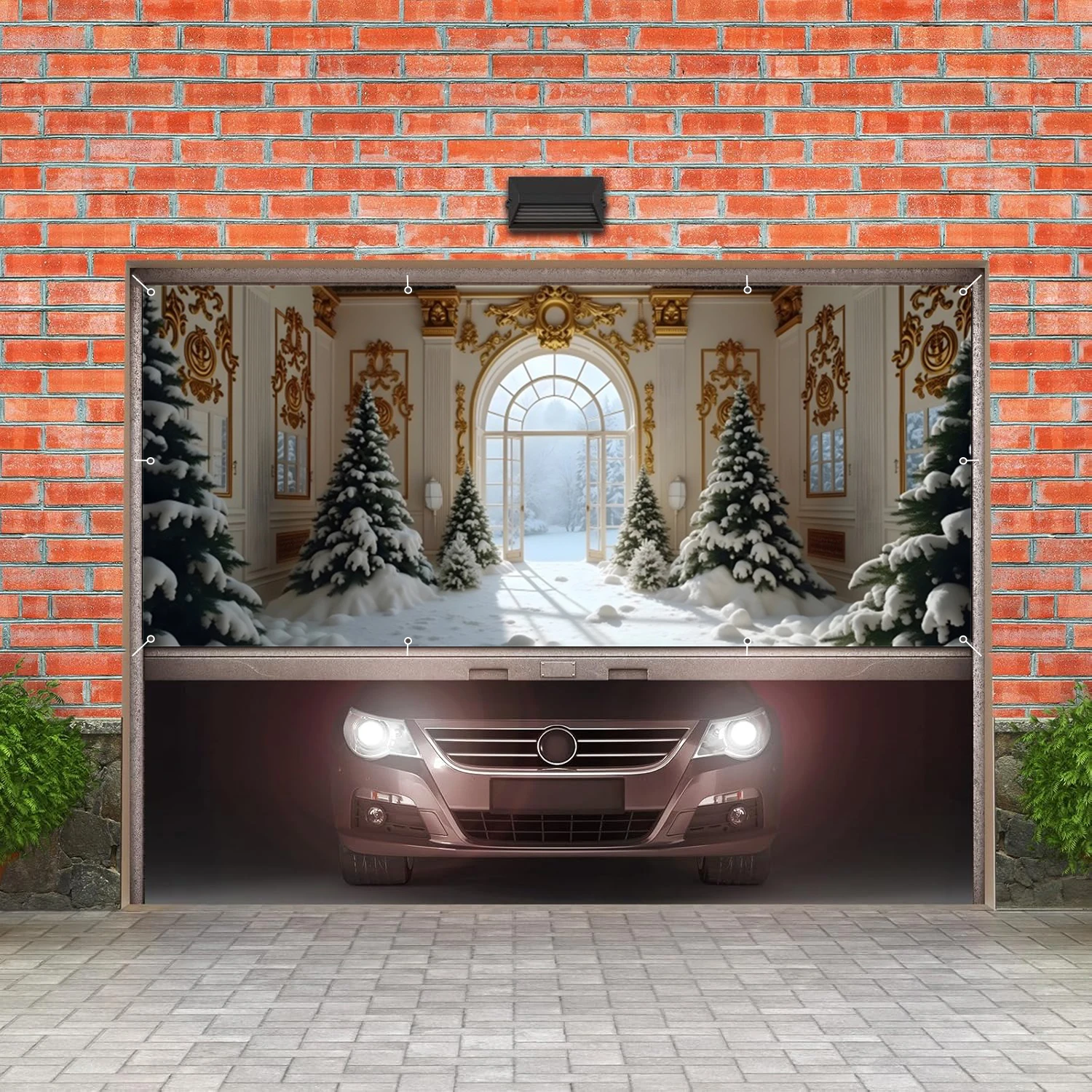Christmas Garage Door Background European Style Door Winter Snow Xmas Trees Garage Wall Frame For Outdoor Home Courtyard Decor