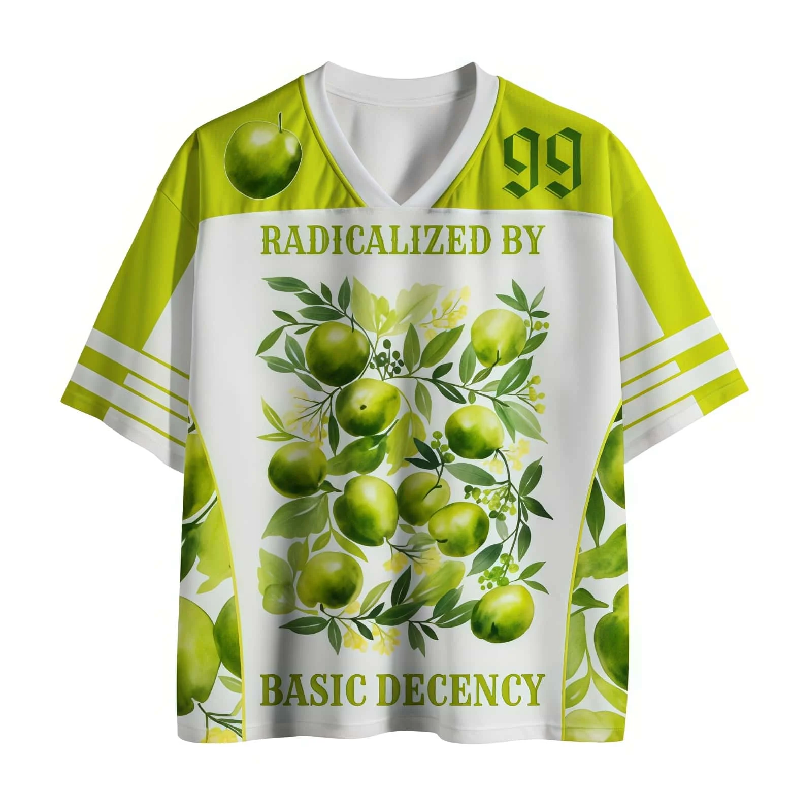 Camiseta Deportiva Casual de Verano Unisex, Holgada y Transpirable, con Estampado de Planta Verde y Manzana Verde en Acuarela Fresca, Cuello en V y Manga Corta de Malla