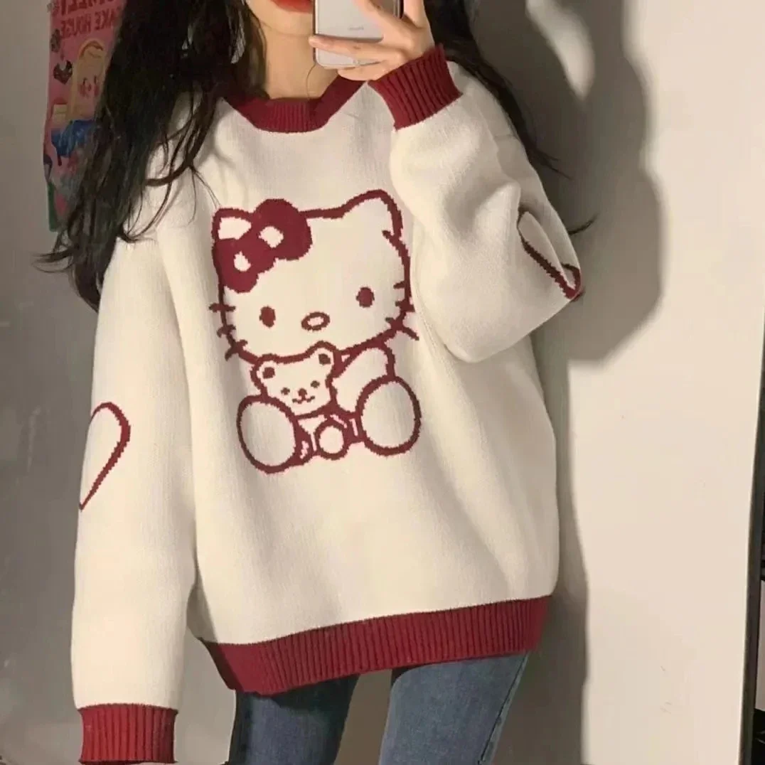 

Sanrio Hello Kitty cartoon embroidered sweater for women students Autumn spring girl sweaternew