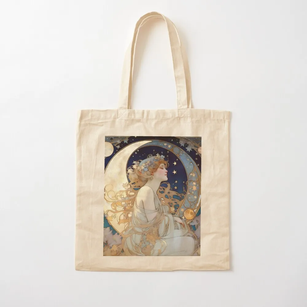 

Celestial Dreams Alphonse Mucha Inspired Moon and Stars Tote Bag Woman shopper bag Canvas bag Canvas Tote