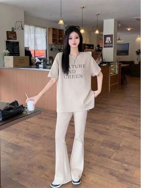 

Fashionable Casual Loose Letter Print Short Sleeve Micro Flare Pants Set Women's Summer New Arrival Slimming Effect