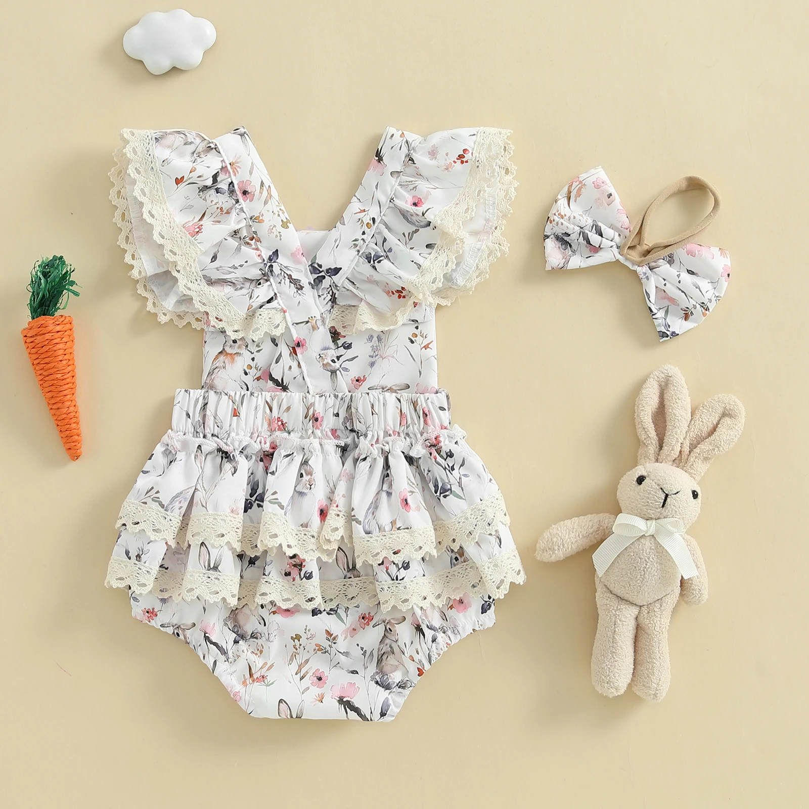 Baby Girls Easter Romper Outfits Flower Bunny Print Lace Trim Flying Sleeve Spring Romper Bow Headband
