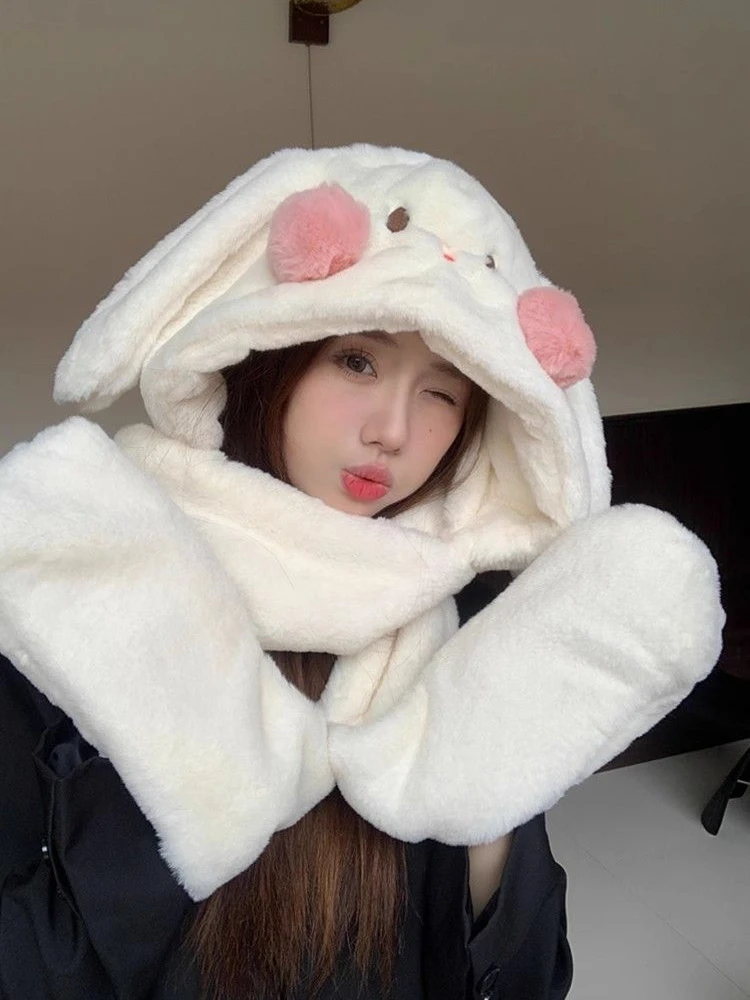 

Kawaii Rabbit Ear Plush Hat Scarf Gloves Three Piece Set in One Winter Accessories Thick Earflap Cap Scarf Warmer Lolita Cosplay