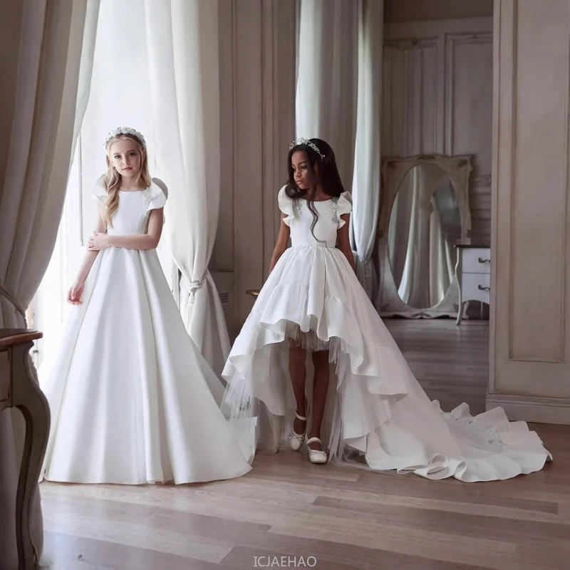 2025 Girls White Evening Dress Long Train Sleeveless Ball Gown Kids Pageant Birthday Party Piano Recital Fashion Show Outfit