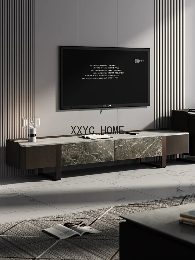 Light Luxury TV Cabinet and Tea Table Combination Modern Minimalist Living Room Italian High-Grade TV Stand Marble