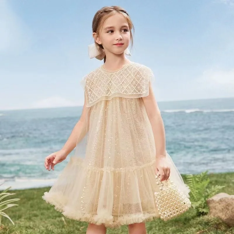 Girls Skirt 2024 New Summer Dress Fashion Beaded Tank Top Dress Children\'s Little Girl Princess Dress Girl Baby Beaded Dress