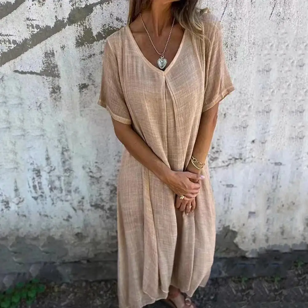 Women Midi Dress Bohemian Style V Neck Midi Dress for Women Soft Breathable Summer Beach Dress with Short Sleeves Loose Fit