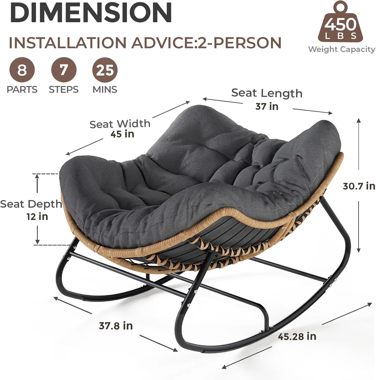 Papasan Rocking Chair Outdoor, Oversized Patio Egg Chair with Thick Cushion, Indoor Wicker Lounge Rocker Bed for Balcony