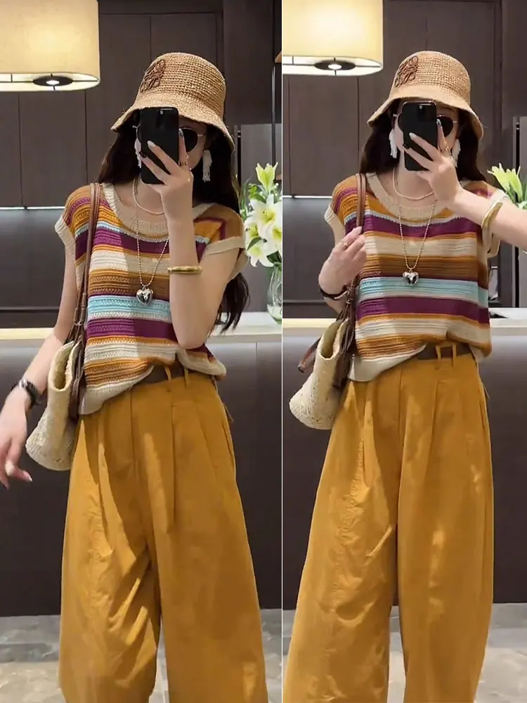 

Summer Fashion plus Size Women's Hollow out Sleeveless Striped Top Wide Leg Pants Two Piece Set Slimming High Waist Pants
