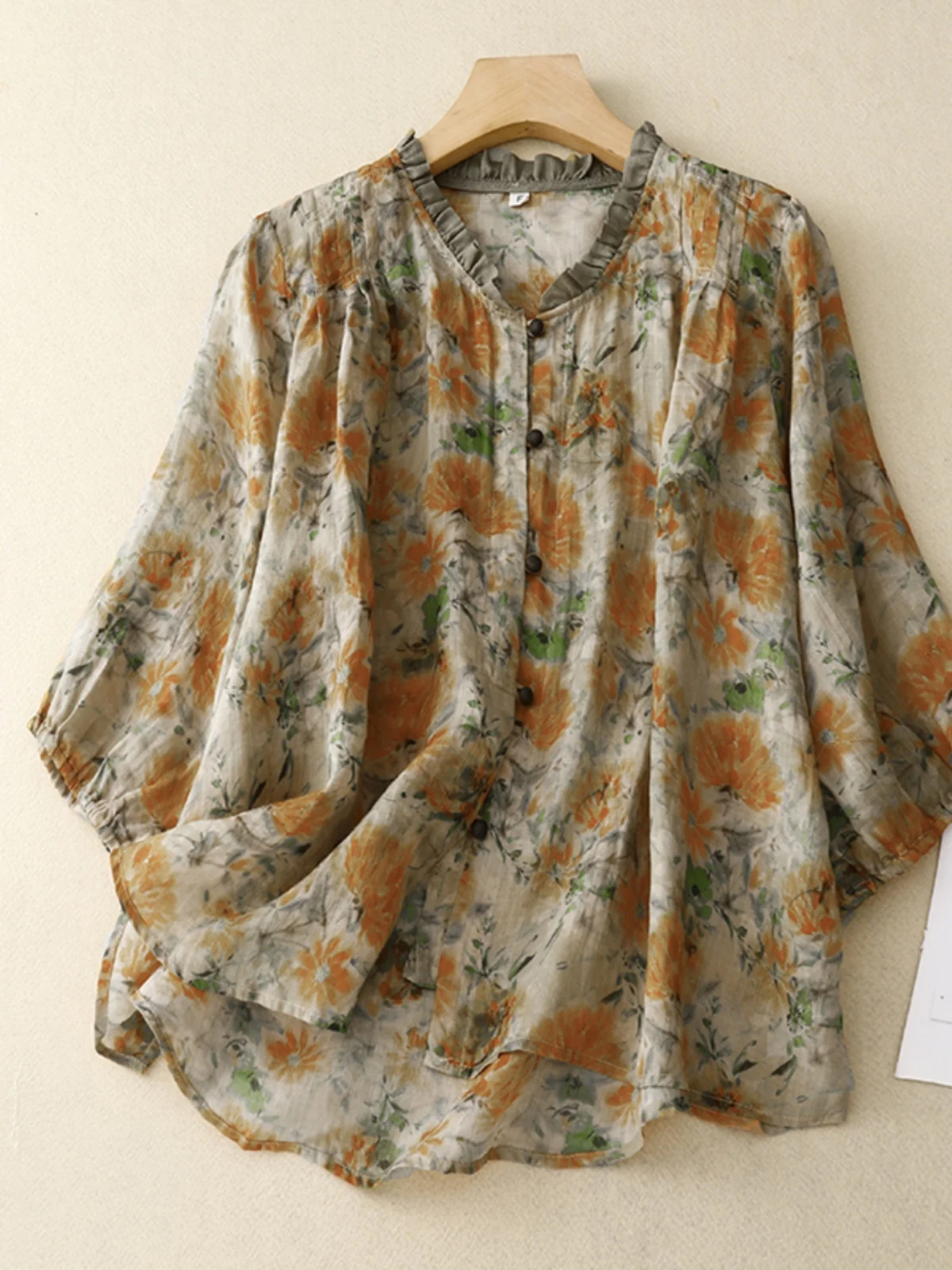 

Folded Design Cotton Linen Print 7/8 Sve irt Large Size Women's Faion Wooden Collar Asymmetrical Versatile Linen Top