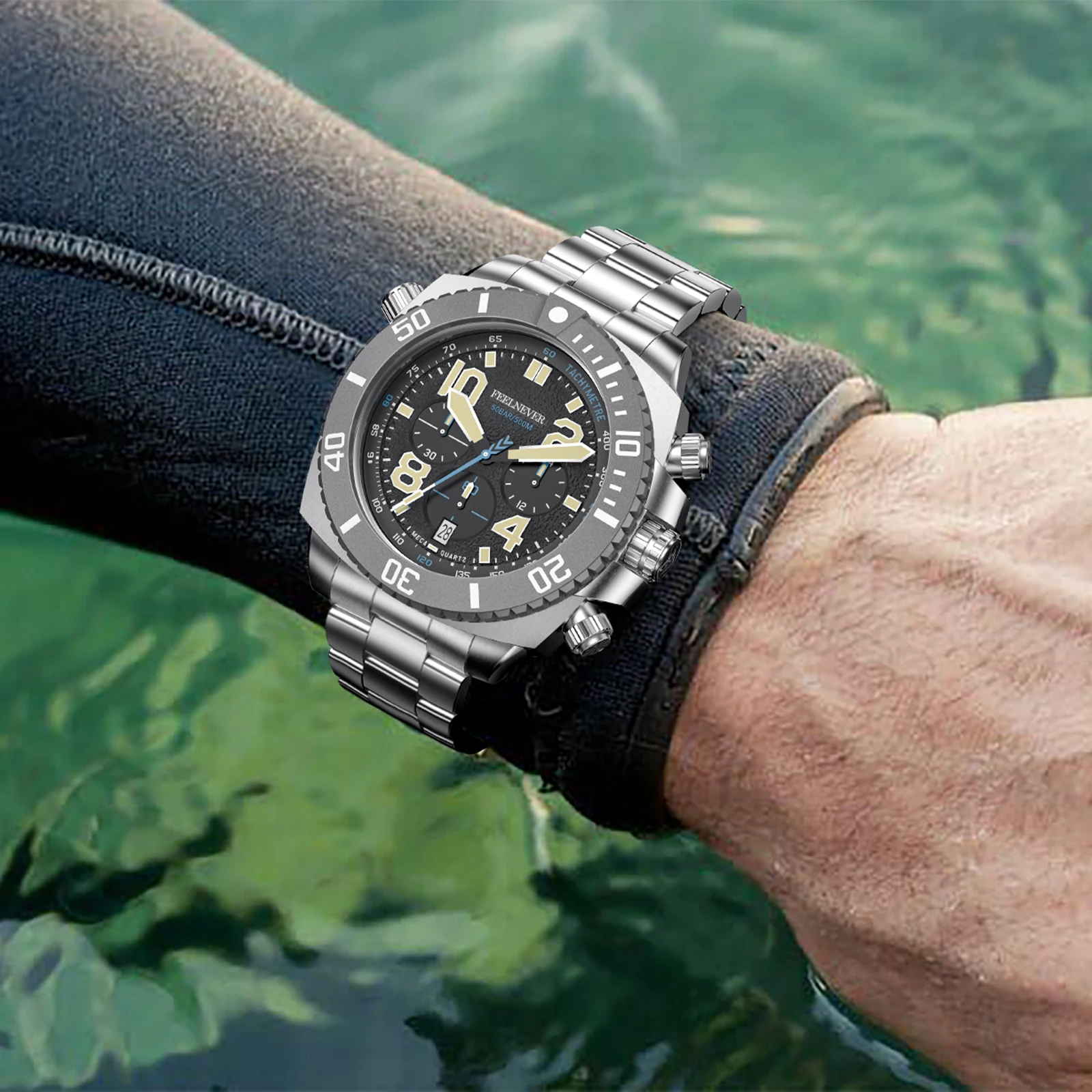 FeelNever Sport Automatic Movement Quartz Watch Stainless Steel Sapphire Crystal Watches Men 500M Waterproof Clocks Reloj Hombre view 4
