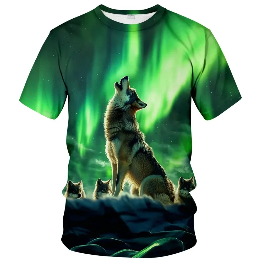 Fashionable Summer Men's Domineering Wolf Print Pattern Breathable Round Neck T-shirt Outdoor High Street Casual Tops