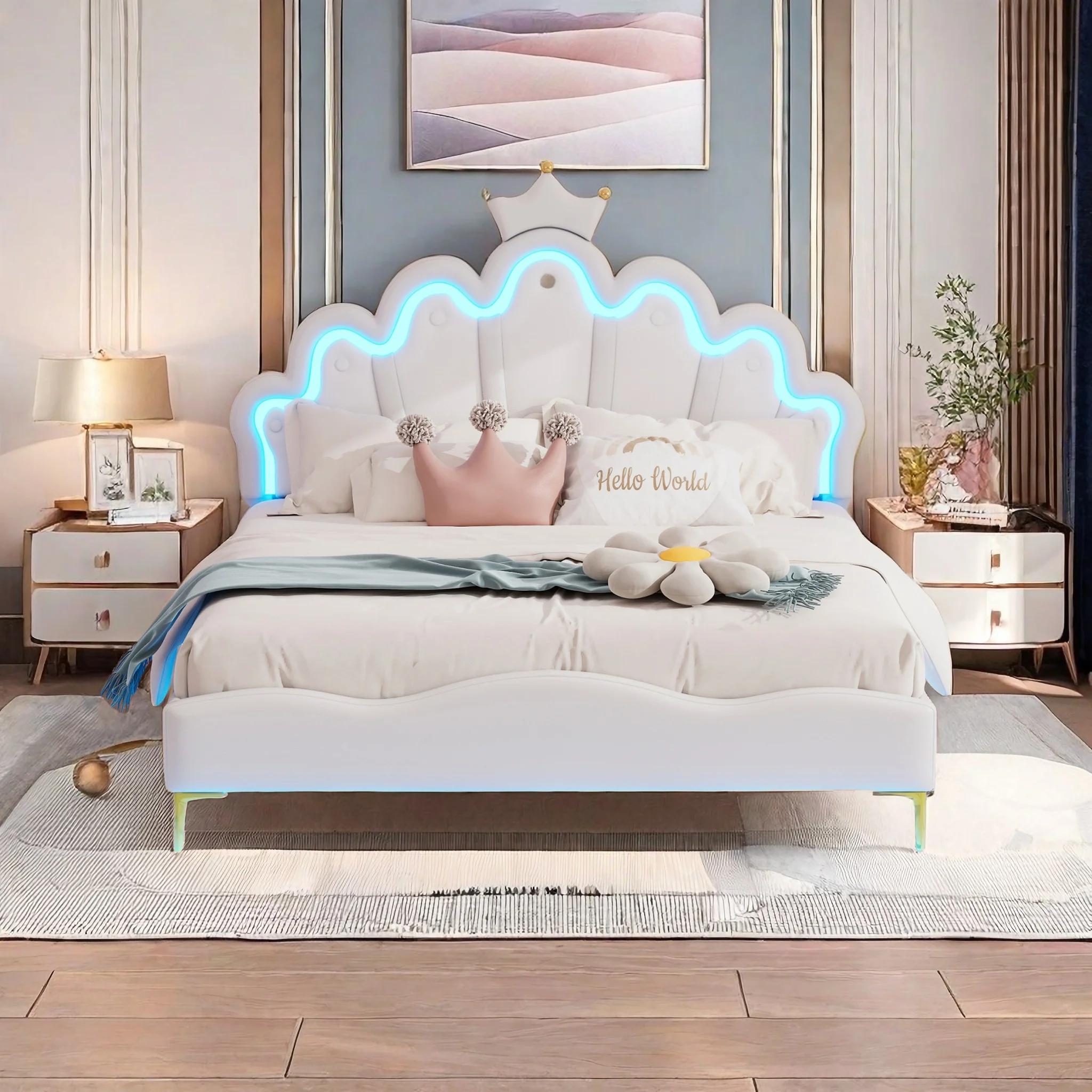 Modern Upholstered Bed 140*200cm, LED Double Bed, Crown-Shaped Princess Headboard, Soft PU Leather, White, without Mattress