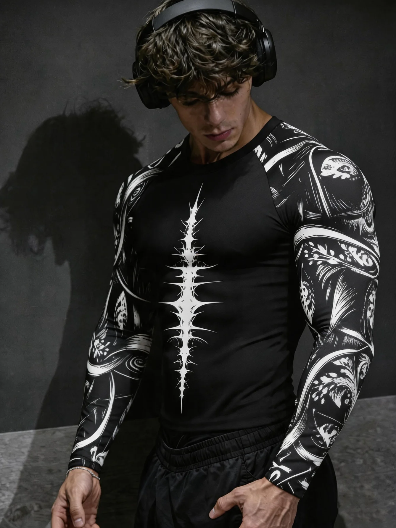 Men's Slim Fitted Long Sleeve Tee Black White Back Thorn Skeleton Print Ribbed Crew Neck Gym Training Wear