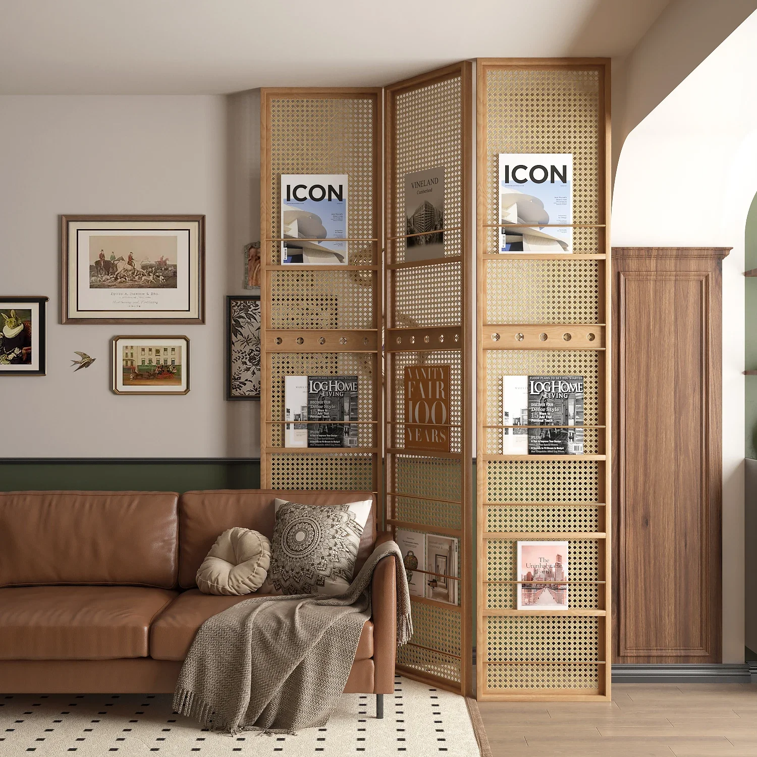 Solid wood rattan partition living room Japanese storage bookshelf wabi sandy wind simple homestay hotel lobby grille decoration