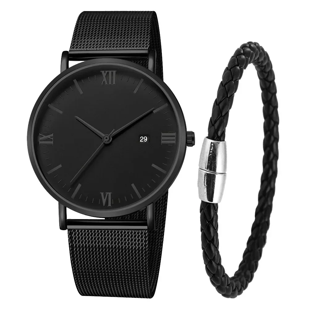 Relógio de quartzo impermeável ultra fino masculino, pulseira magnética, malha fina, calendário, aço, relógio esportivo, preto