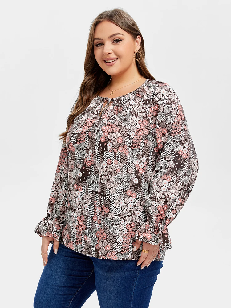 Plus Sized Clothing Floral Print Tie Neck Flounce Sleeve Blouse Elegant Shirts And Blouses Woman Clothes 2024