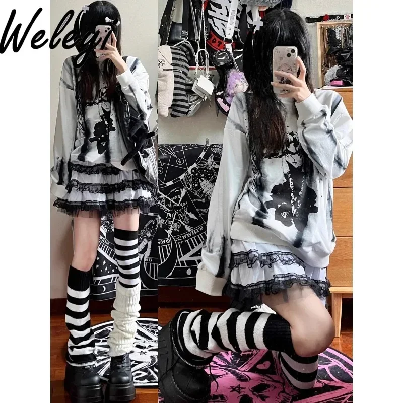 

Jirai Kei Gothic Loose Long Sleeve Sweatershirt Y2k Hot Girl Spring and Autumn Steampunk Top Japanese Yabi Style Cultural Blusas