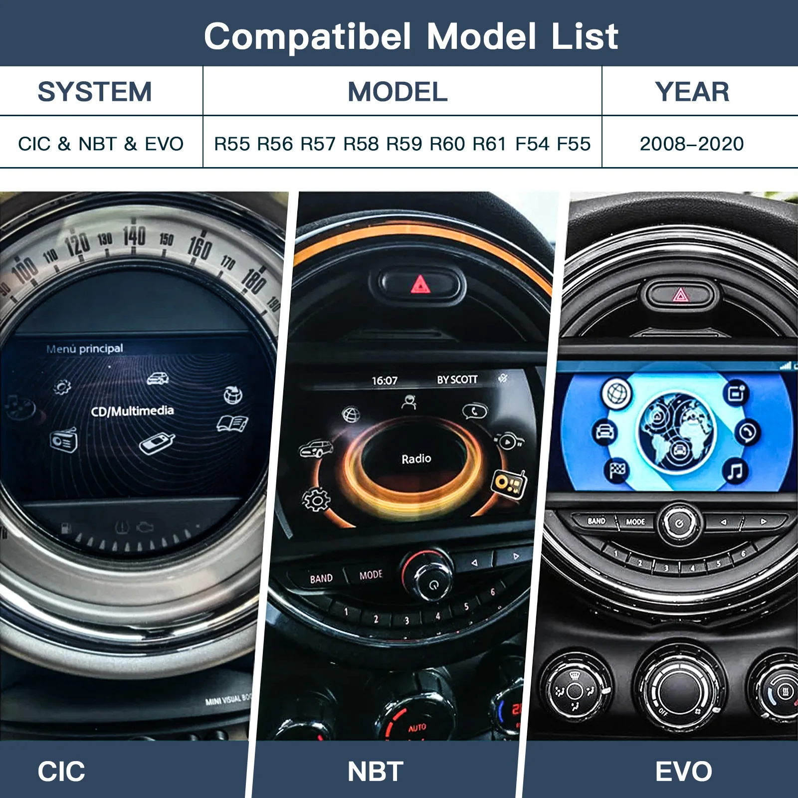 مرآة CARABC اللاسلكية التي تعمل بنظام Android carplay Bmw Mini CIC NBT R55 R56 R57 R58 R59 R60 R61 كلوبمان كونتري مان هاردتوب كوبر، أندرويد
