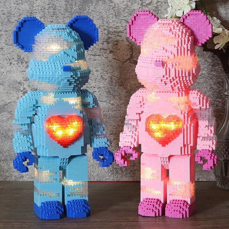 YKO Animal World Heart Plaid Bear Love Pet Doll LED Light Model DIY Mini Diamond Blocks Bricks Building Toy For Children No Box