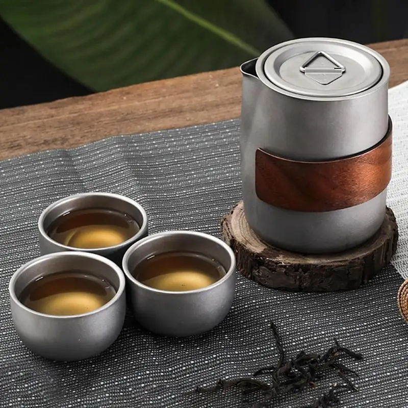 Titanium Alloy Cup Portable Travel Tea Set Outdoor Camping Tea Brewing Cup 1pc Titanium Cup and 3pc Teacup Outdoor Tableware