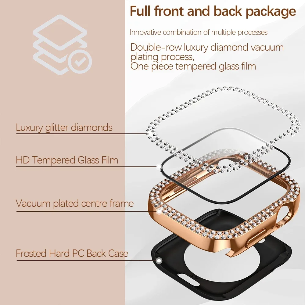 Bling Glass+Cover For Apple Watch Case 49mm 45mm 44mm 41mm 40mm Diamond Bumper+Screen Protector Iwatch Series Ultra 9 8 7 6 5 SE