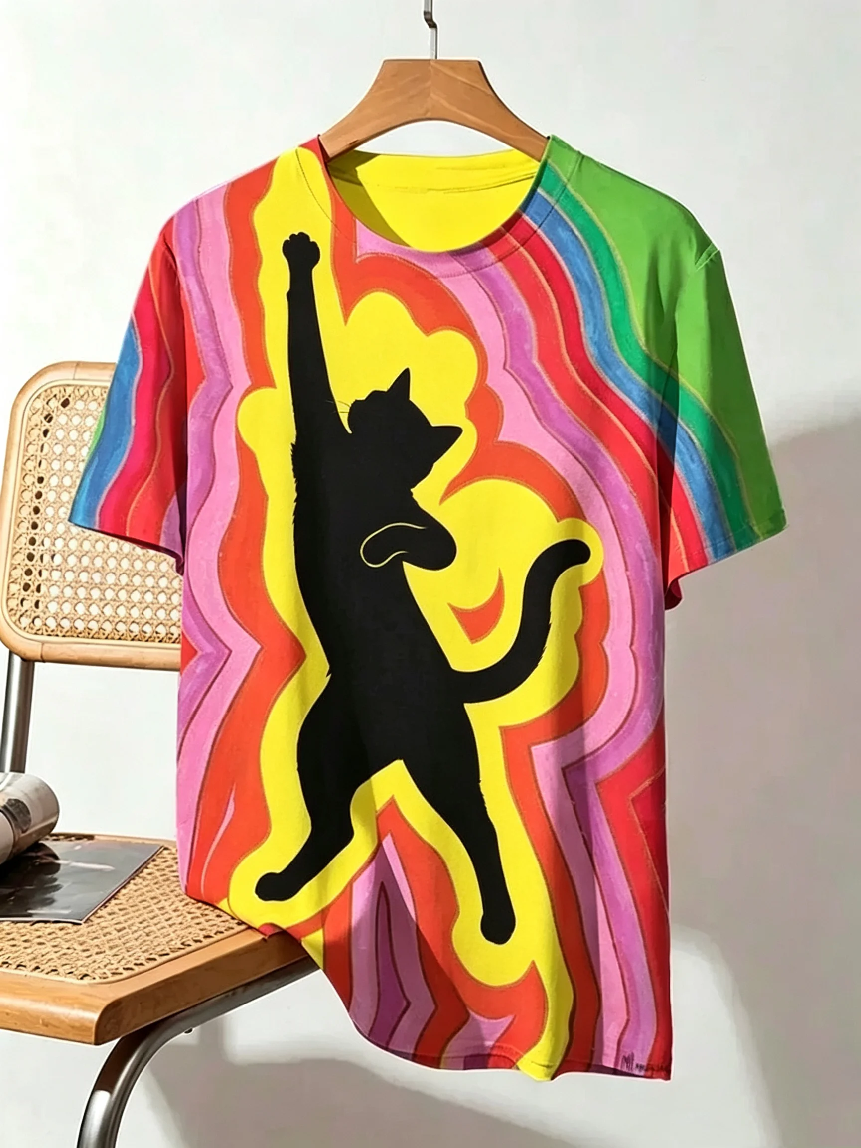 Funny 3D Rainbow Gradient Magician Cat Print Men's T-shirt Fashion Cool Daily Party Short Sleeve T shirt Y2k Top Summer Clothing