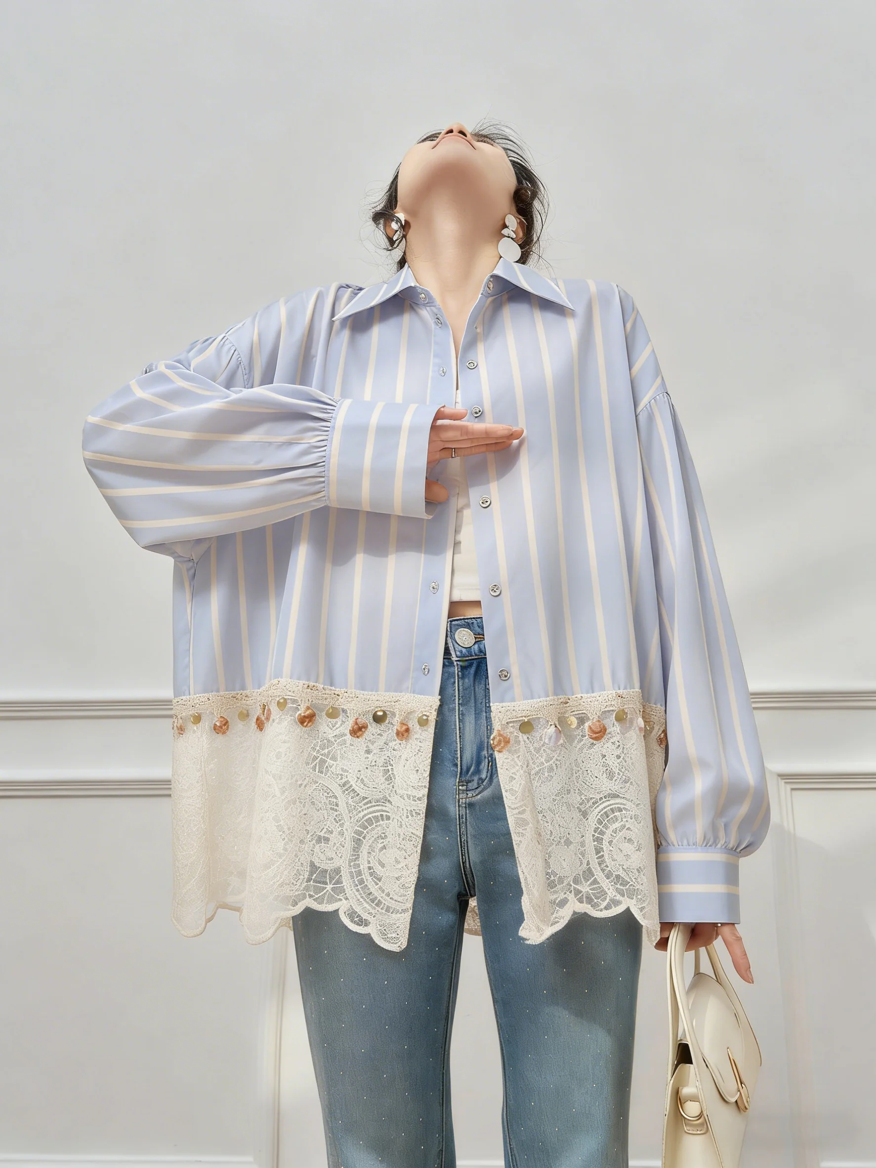 

Ele Light Blue Lace Splice Women's irt Casual Sle Long Sve Regular Fit Spring Top Faionable Agel Design
