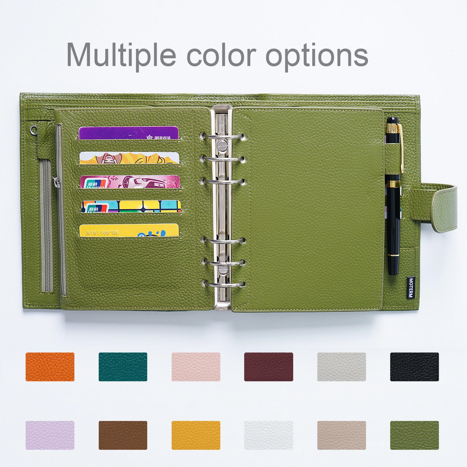 Moterm Zipper Flyleaf for Personal Wide Size Ring Planner Genuine Pebbled Grain Leather Divider Storage Bag Notebook Accessory