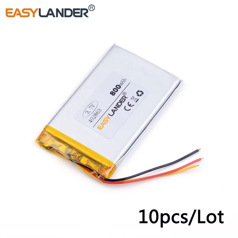 

10pcs /Lot 3.7v lithium Li ion polymer rechargeable battery 402863 800MAH For MP3 GPS PSP DVD phone video game E-books