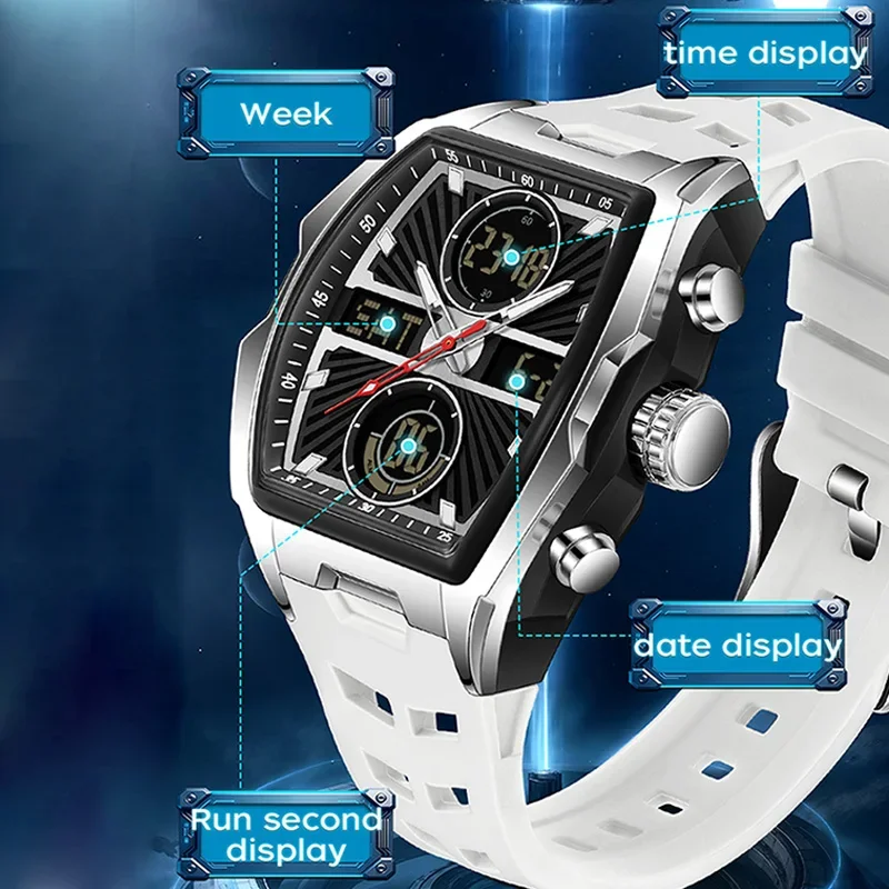 SANDA ساعة رجالية فاخرة رياضية كوارتز عرض مزدوج ساعة اليد كرونوغراف مقاوم للماء عسكرية متعددة الوظائف ساعات رقمية للرجال
