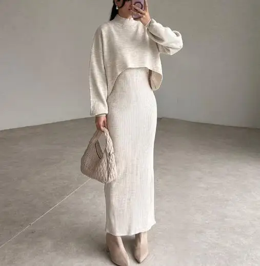 

2025 Spring New Fashion High Collar Hoodie Short Coat Tight Jumpsuit Long Skirt Sweater Set