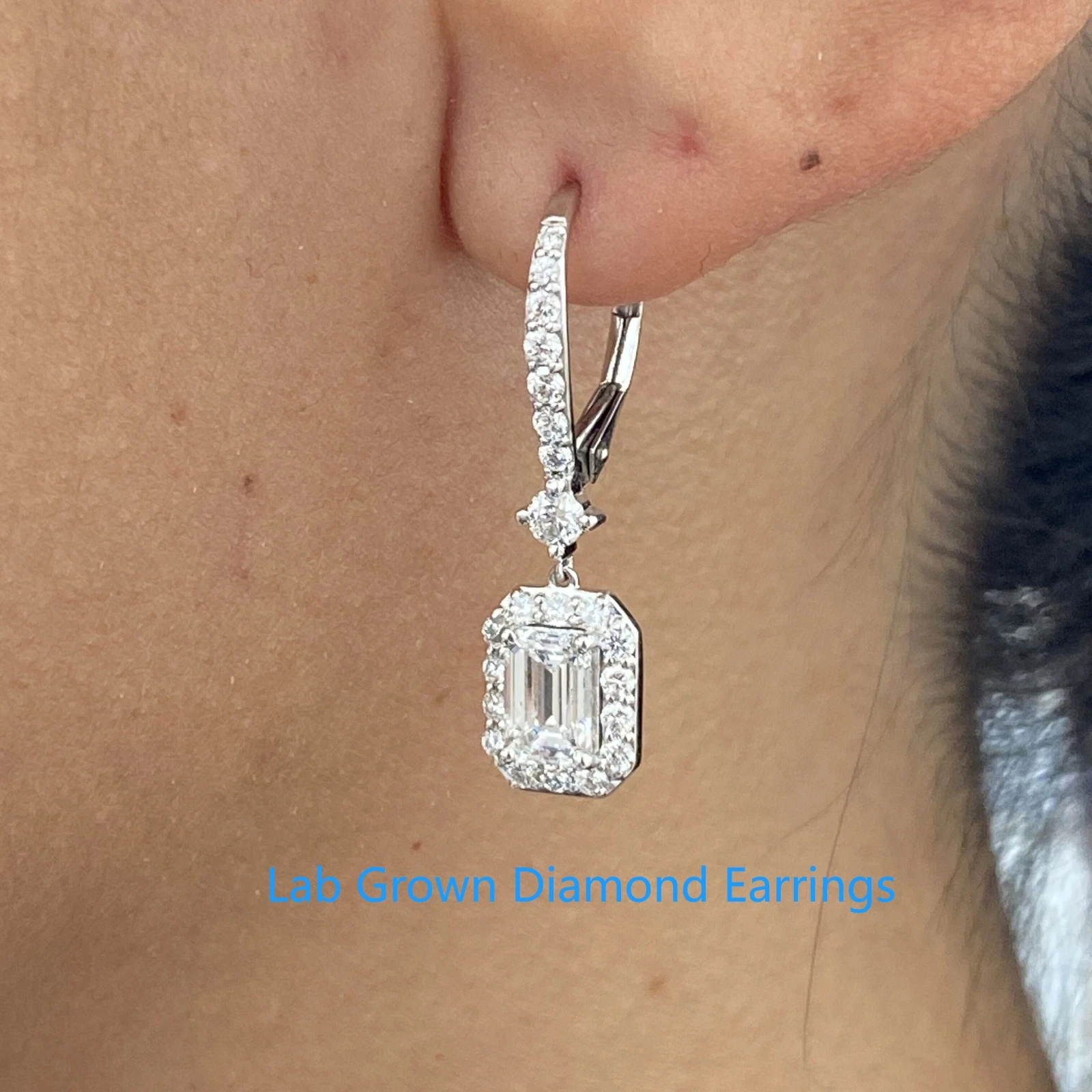 

Platinum 950 Dangle Earrings Round & Emerald 1CT Each Main Stone Total 2.4ctw CVD HPHT Lab Grown Diamond DEF VS-VVS With IGI
