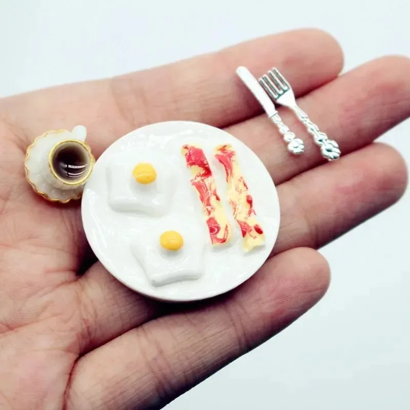 Kawaii Mini Egg Bacon Breakfast Plate Cute Simulation Food Dollhouse Tabletop Ornament