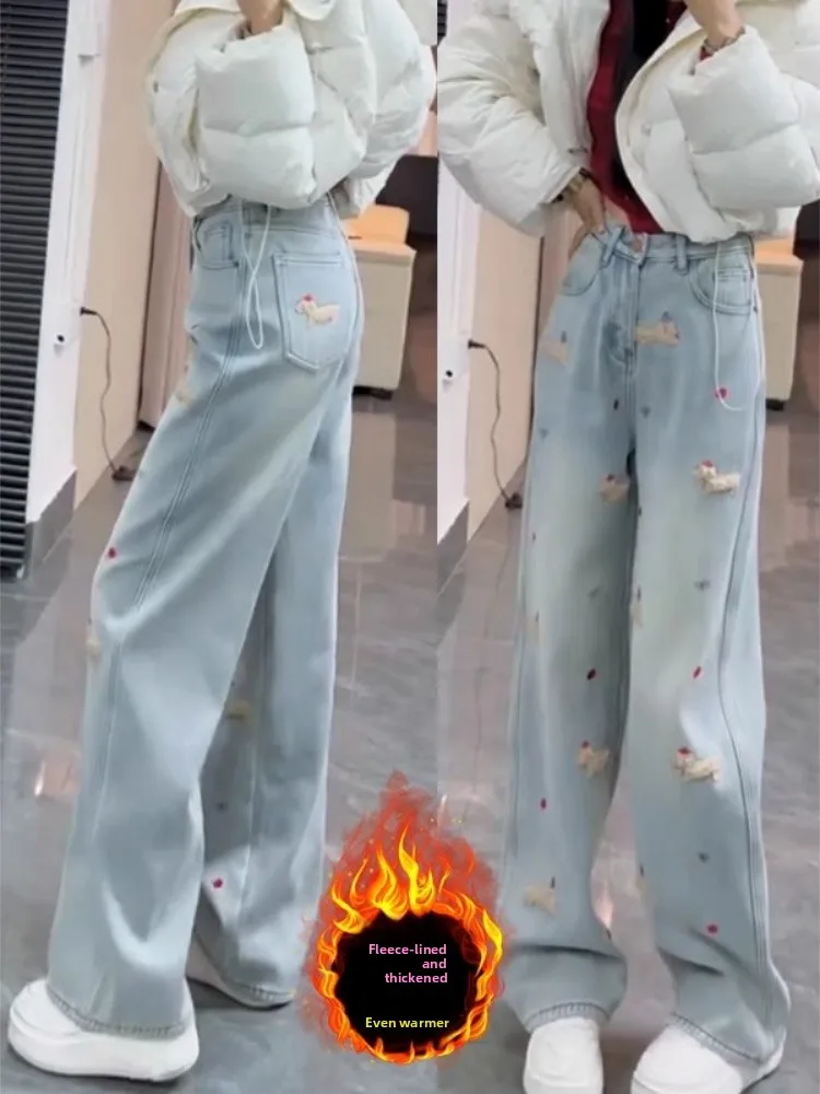 

Утепленные джинсы с вышивкой таксы, на флисовой подкладке, женские зимние, больших размеров, свободные, прямые, широкие, длинные брюки