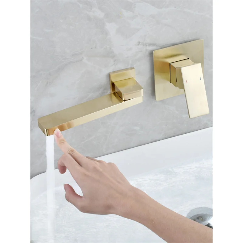 

Brushed Gold Basin Faucet Wall Mounted Bathroom Sink Rotating Tap Single Handle In-Wall Black Mixer