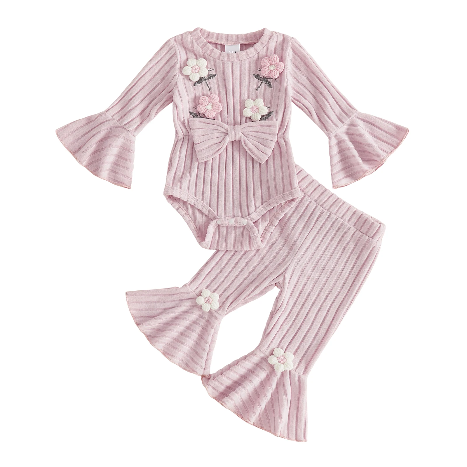 Baby Girls Fall Outfits Long Sleeve Floral Embroidery Romper Flared Pants
