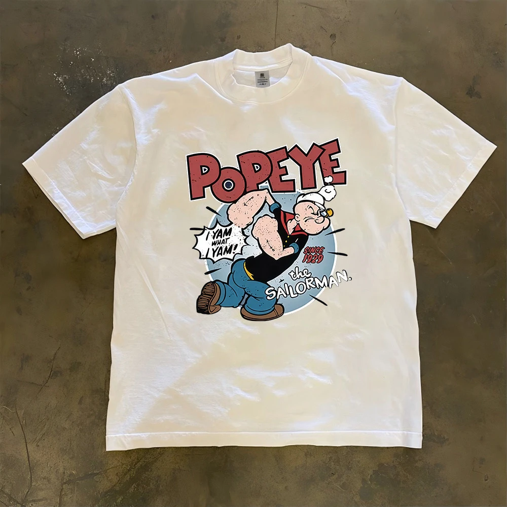 Camiseta de Algodón de Manga Corta con Estampado de Popeye, Estilo Retro Americano, Top de Moda de Verano para Hombre y Mujer, Ropa Urbana Y2K de Alta Calidad