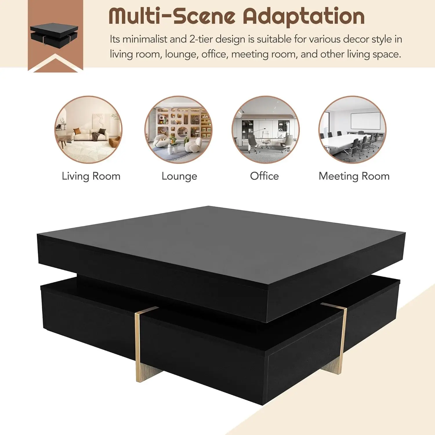 31.5"x31.5" ModernHighGlossSquareCoffee Table - 4-DrawerMulti-Storage Cocktail Table with Wood Grain Legs for Living Room, Black