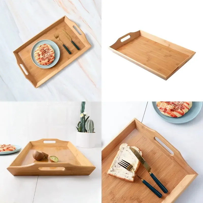 Rectangular Bamboo Wooden Tray with Handle for Household Bedside Table Breakfast Serving