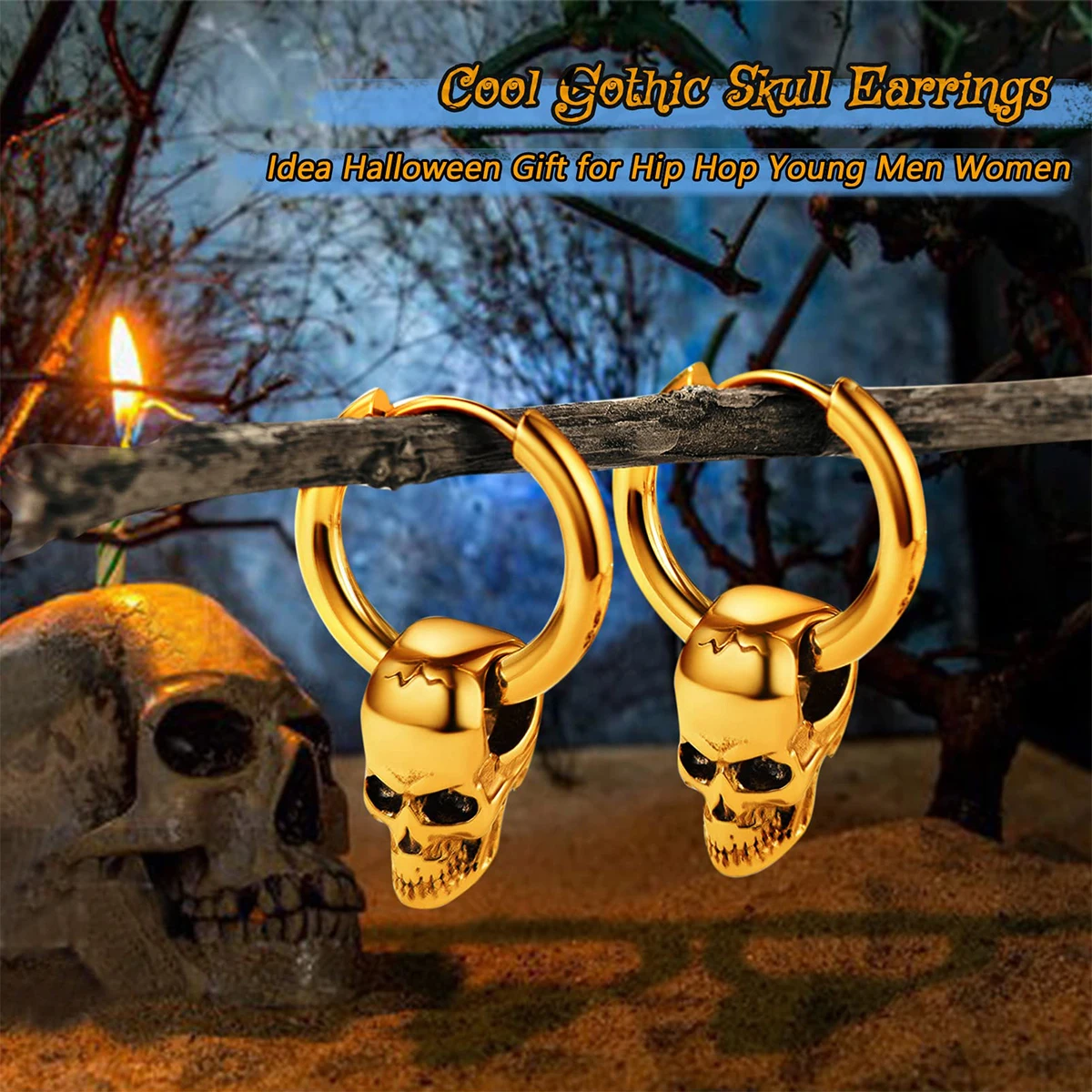 Brincos Gothic Skull para Homens e Mulheres, Aço Inoxidável, Dourado, Legal