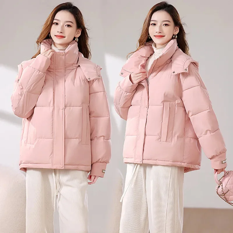 Krótka, ciepła, bawełniana kurtka puchowa damska z kapturem, nowość na zimę 2025, parki damskie w stylu koreańskim, odzież wierzchnia typu \"bread coat\", damskie topy.
