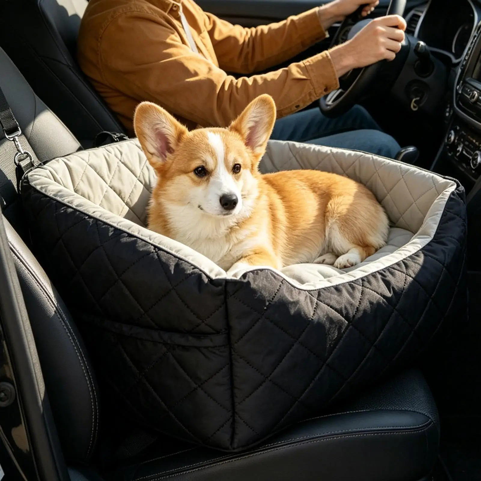 Small Dog Car Seat with Safety Belt Storage Pocket Anti Slip Doggy Car Seat Travel Bed for Small Medium Kitten Cat Animal SUV RV