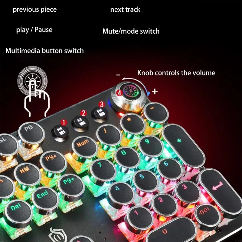 لوحة مفاتيح ألعاب ميكانيكية 20CB ، مفاتيح زرقاء ، USB Cool Retro Steam Punk Catewriter Round Keycaps