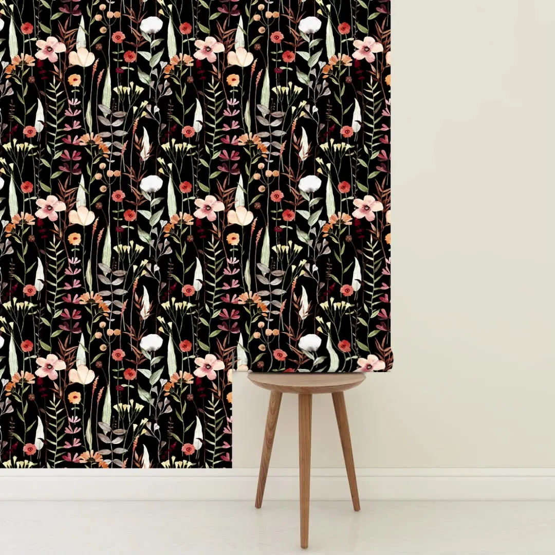 Floral Peel and Stick Wallpaper Black Vinyl Pvc Flower Wallpaper for Kitchen Cabinet Furniture