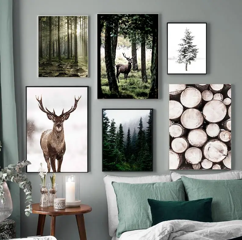 Winter Snow Forest Deer Owl Sunlight Landscape Painting Nordic Morning Scenery Home Decor Canvas Poster Art Print Wall Pictures